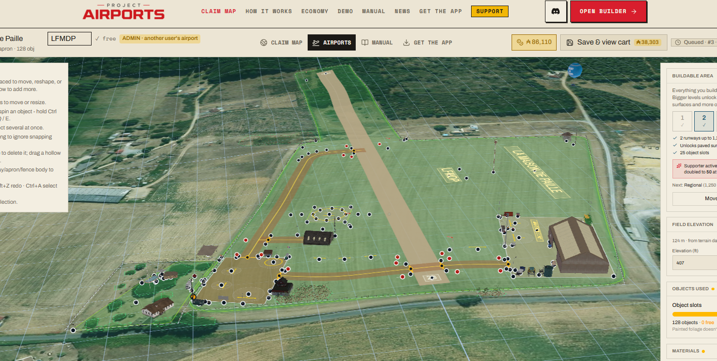 The builder mid-edit - taxiway network and runway-aligned grid visible